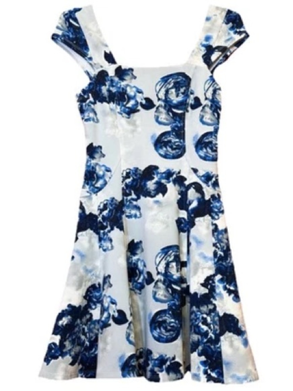 BCBGeneration White Dress with Blue Floral Print, Size 4